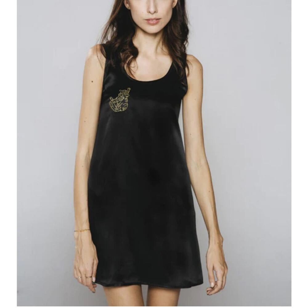 Verameat Black Satin Mini Dress Pretty Kitty Cat Gold Embroidered Large